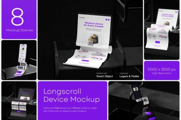 8款长卷网站UI界面作品集设计展示贴图苹果iPhone手机iPad平板PSD样机模板 Longscroll Device Mockup – Mobile Display特色图 8款长卷网站UI界面作品集设计展示贴图苹果iPhone手机iPad平板PSD样机模板 Longscroll Device Mockup – Mobile Display
