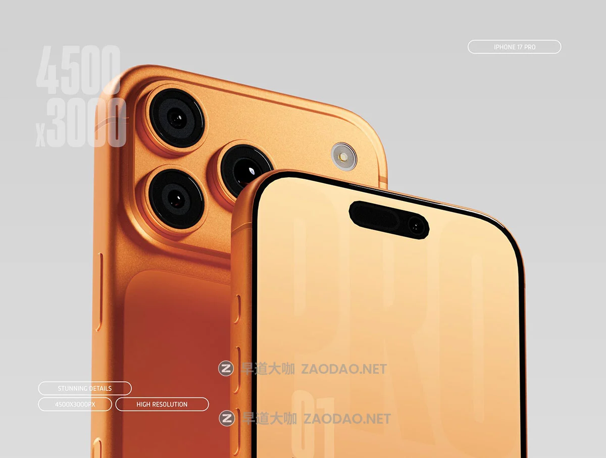 4款橙色手机ui广告app界面设计苹果iPhone 17 Pro展示贴图psd样机模板 iPhone 17 Pro Mockup PSD – Orange Color插图4 4款橙色手机ui广告app界面设计苹果iPhone 17 Pro展示贴图psd样机模板 iPhone 17 Pro Mockup PSD – Orange Color插图4