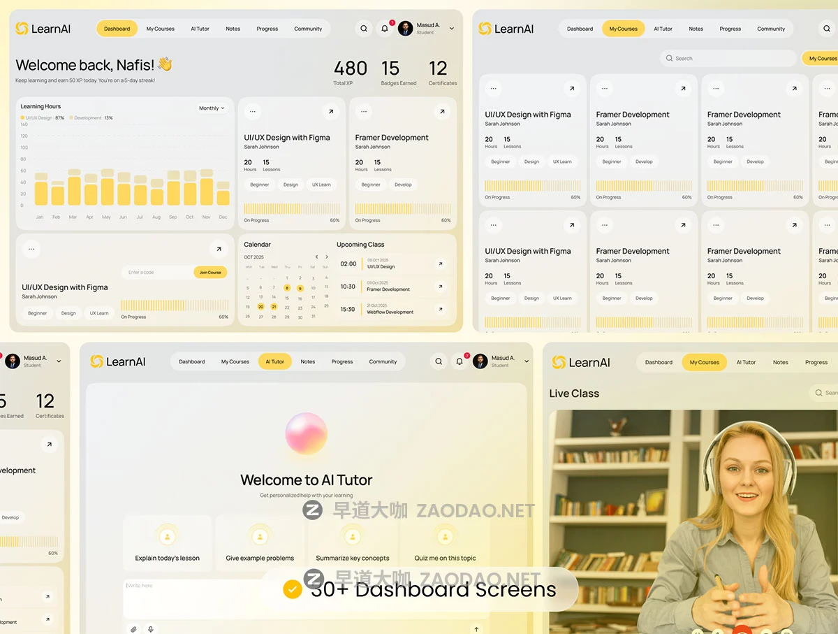 30+屏AI人工智能在线学习数据分析信息统计看板仪表盘UI界面设计Figma模板套件 LearnAI – AI Online Learning Platform UI Kit插图5 30+屏AI人工智能在线学习数据分析信息统计看板仪表盘UI界面设计Figma模板套件 LearnAI – AI Online Learning Platform UI Kit插图5
