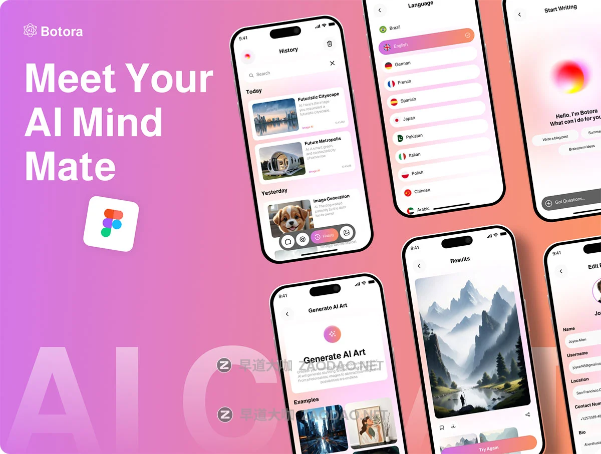 45+屏高级AI智能聊天机器人语音文案图片生成器app移动应用程序ui界面设计figma模板 Botora – AI Chatbot App UI Kit插图1 45+屏高级AI智能聊天机器人语音文案图片生成器app移动应用程序ui界面设计figma模板 Botora – AI Chatbot App UI Kit插图1