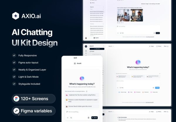 120+屏双配色AI智能聊天对话语音图片视频处理生成网站UI界面设计figma模板 AI Chatting Web App UI Kit – AXIO.ai