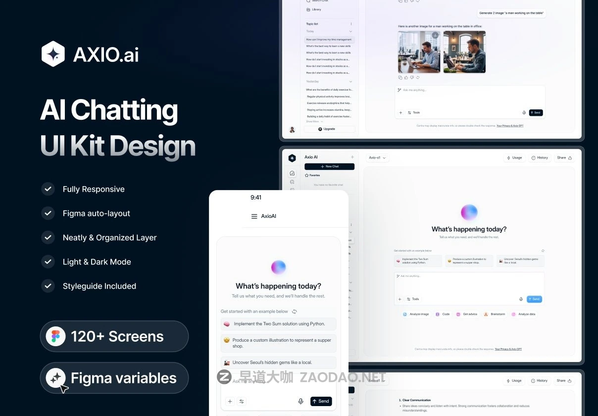 120+屏双配色AI智能聊天对话语音图片视频处理生成网站UI界面设计figma模板 AI Chatting Web App UI Kit – AXIO.ai插图 120+屏双配色AI智能聊天对话语音图片视频处理生成网站UI界面设计figma模板 AI Chatting Web App UI Kit – AXIO.ai插图