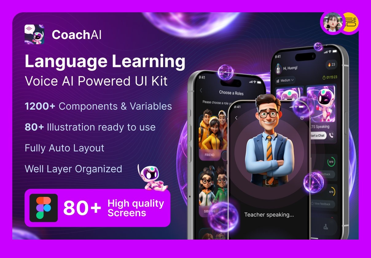 80+屏AI智能聊天英语学习口语教练移动应用程序app ui界面设计figma模板+3D插图 AI Language Learning & Speaking Coach UI Kit – CoachAI