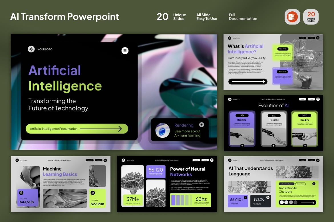 现代未来派数字Ai企业营销策划演示文稿设计ppt模版 Ai Transform Presentation Power Point Template