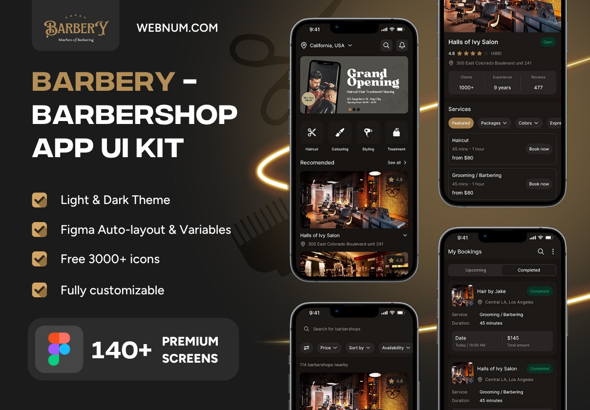 140+屏高级理发店美发沙龙SPA移动应用程序app ui界面设计figma模板套件 Barbery – Barbershop app UI Kit特色图 140+屏高级理发店美发沙龙SPA移动应用程序app ui界面设计figma模板套件 Barbery – Barbershop app UI Kit