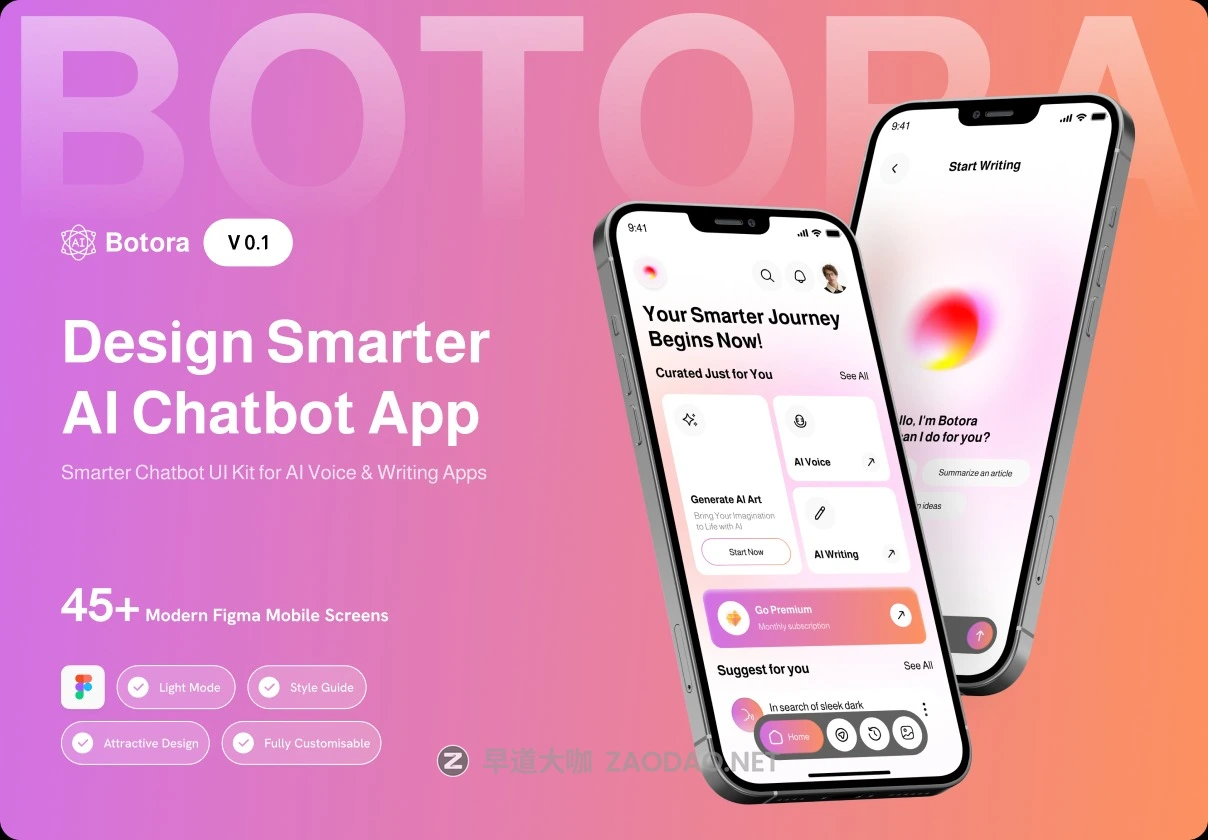 45+屏高级AI智能聊天机器人语音文案图片生成器app移动应用程序ui界面设计figma模板 Botora – AI Chatbot App UI Kit插图 45+屏高级AI智能聊天机器人语音文案图片生成器app移动应用程序ui界面设计figma模板 Botora – AI Chatbot App UI Kit插图