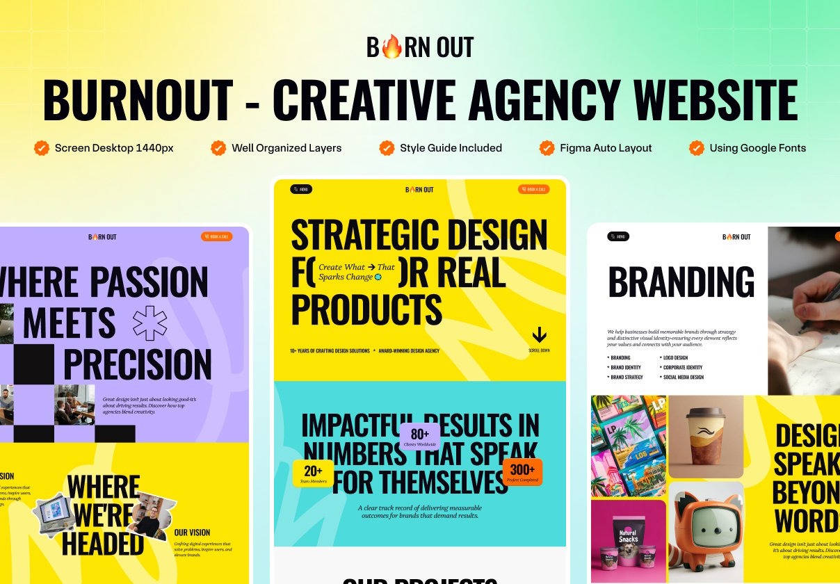 5屏创意多彩设计艺术机构工作室网站用户登录界面UI设计Figma模板素材 BurnOut – Creative Agency Website Template特色图 5屏创意多彩设计艺术机构工作室网站用户登录界面UI设计Figma模板素材 BurnOut – Creative Agency Website Template