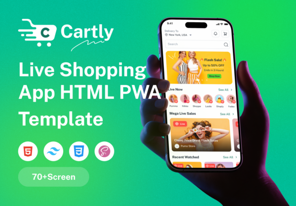 70+屏在线直播带货购物电子商城app移动应用程序ui界面设计Html模板素材 Cartly – Live Shpping HTML PWA Template特色图 70+屏在线直播带货购物电子商城app移动应用程序ui界面设计Html模板素材 Cartly – Live Shpping HTML PWA Template