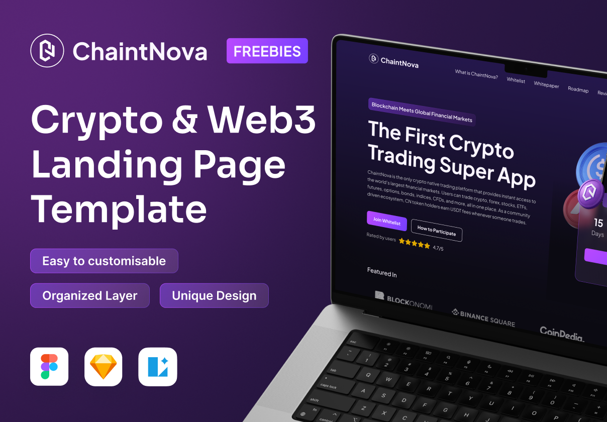 10+屏黑暗金融科技加密货币虚拟物品交易平台网站UI界面设计Figma模板素材 ChaintNova – Crypto & Web3 Landing Page Template特色图 10+屏黑暗金融科技加密货币虚拟物品交易平台网站UI界面设计Figma模板素材 ChaintNova – Crypto & Web3 Landing Page Template