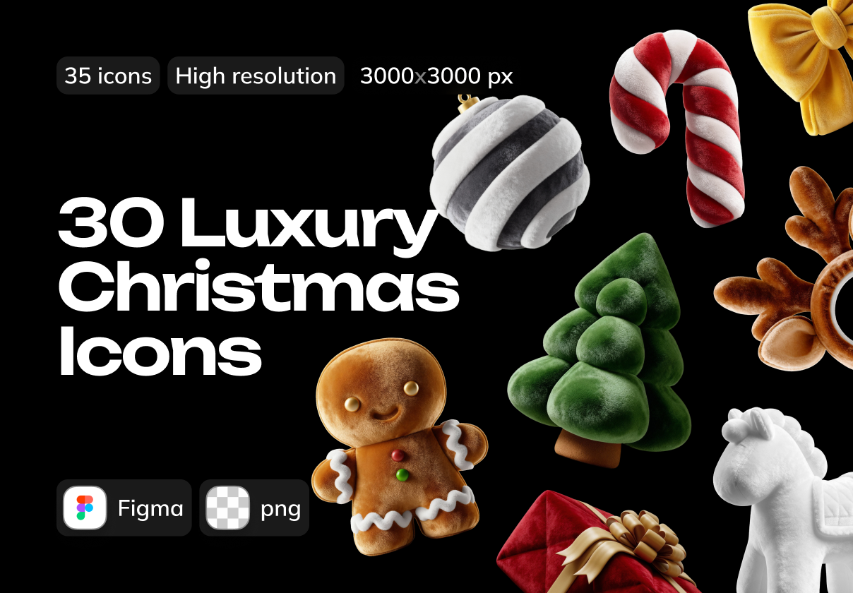 30款圣诞节主题皮毛天鹅绒装饰品3d图标icons设计png免抠图片素材 Christmas 3d Fur Icons