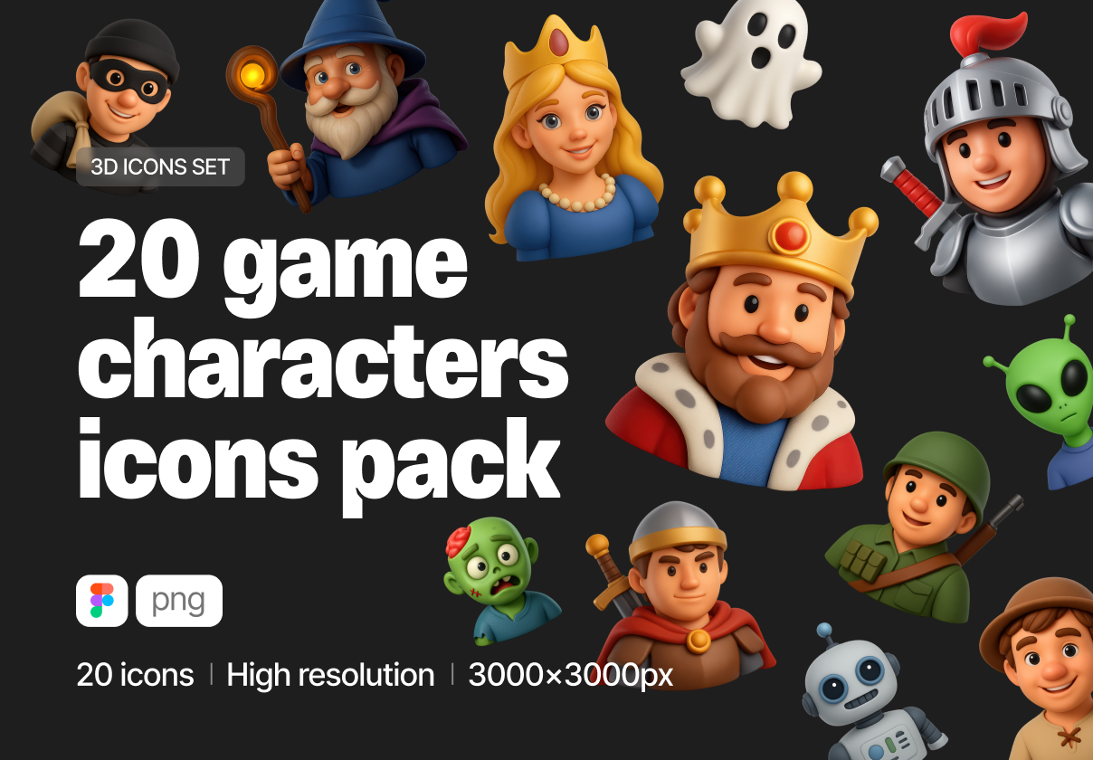 20款卡通趣味游戏人物角色3D立体图标icons设计png/figma格式素材 Game Characters Set | 20pcs Heroes & Villains 3D Icons