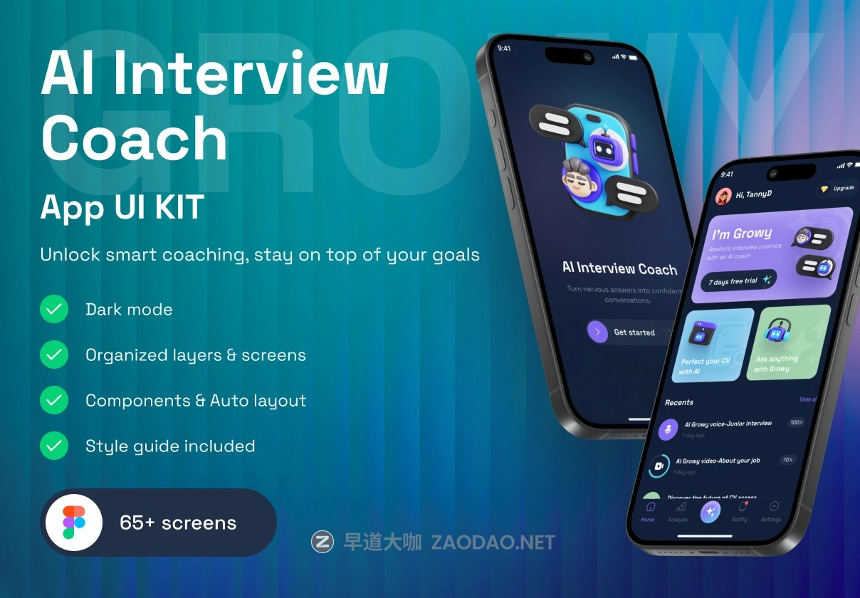 65+屏深色系AI人工智能应聘面试求职辅助工具app ui界面设计figma模板套件 Growy-AI Interview Coach UI Kits插图 65+屏深色系AI人工智能应聘面试求职辅助工具app ui界面设计figma模板套件 Growy-AI Interview Coach UI Kits插图