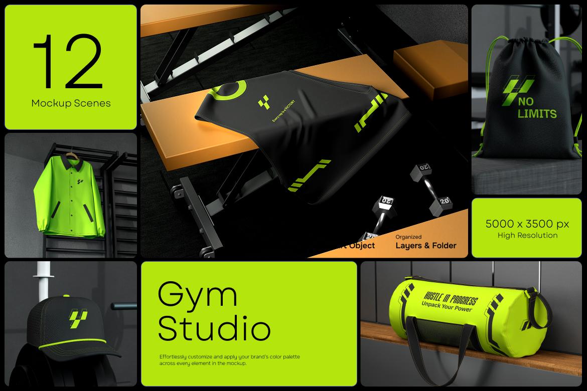 12款健身房工作室T恤背心背包棒球帽品牌VI设计展示贴图PSD样机模板素材 Gym Studio Branding – Apparel & Accessories特色图 12款健身房工作室T恤背心背包棒球帽品牌VI设计展示贴图PSD样机模板素材 Gym Studio Branding – Apparel & Accessories