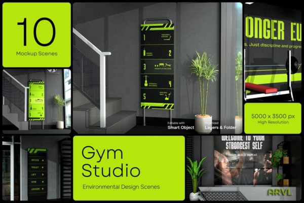 10款质感健身房品牌VI设计指示牌海报徽标贴图PSD样机模板素材 Gym Studio Branding – Environmental特色图 10款质感健身房品牌VI设计指示牌海报徽标贴图PSD样机模板素材 Gym Studio Branding – Environmental