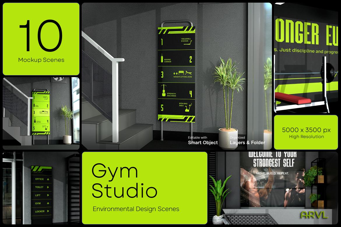 10款质感健身房品牌VI设计指示牌海报徽标贴图PSD样机模板素材 Gym Studio Branding – Environmental特色图 10款质感健身房品牌VI设计指示牌海报徽标贴图PSD样机模板素材 Gym Studio Branding – Environmental