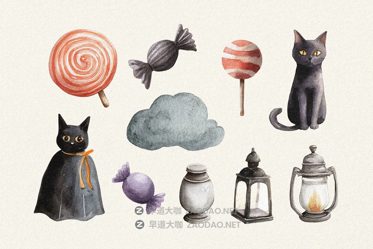 70款怪异卡通趣味万圣节南瓜蝙蝠骷髅蘑菇糖果手绘水彩画png免抠图设计素材 Halloween Watercolors Collection插图2 70款怪异卡通趣味万圣节南瓜蝙蝠骷髅蘑菇糖果手绘水彩画png免抠图设计素材 Halloween Watercolors Collection插图2