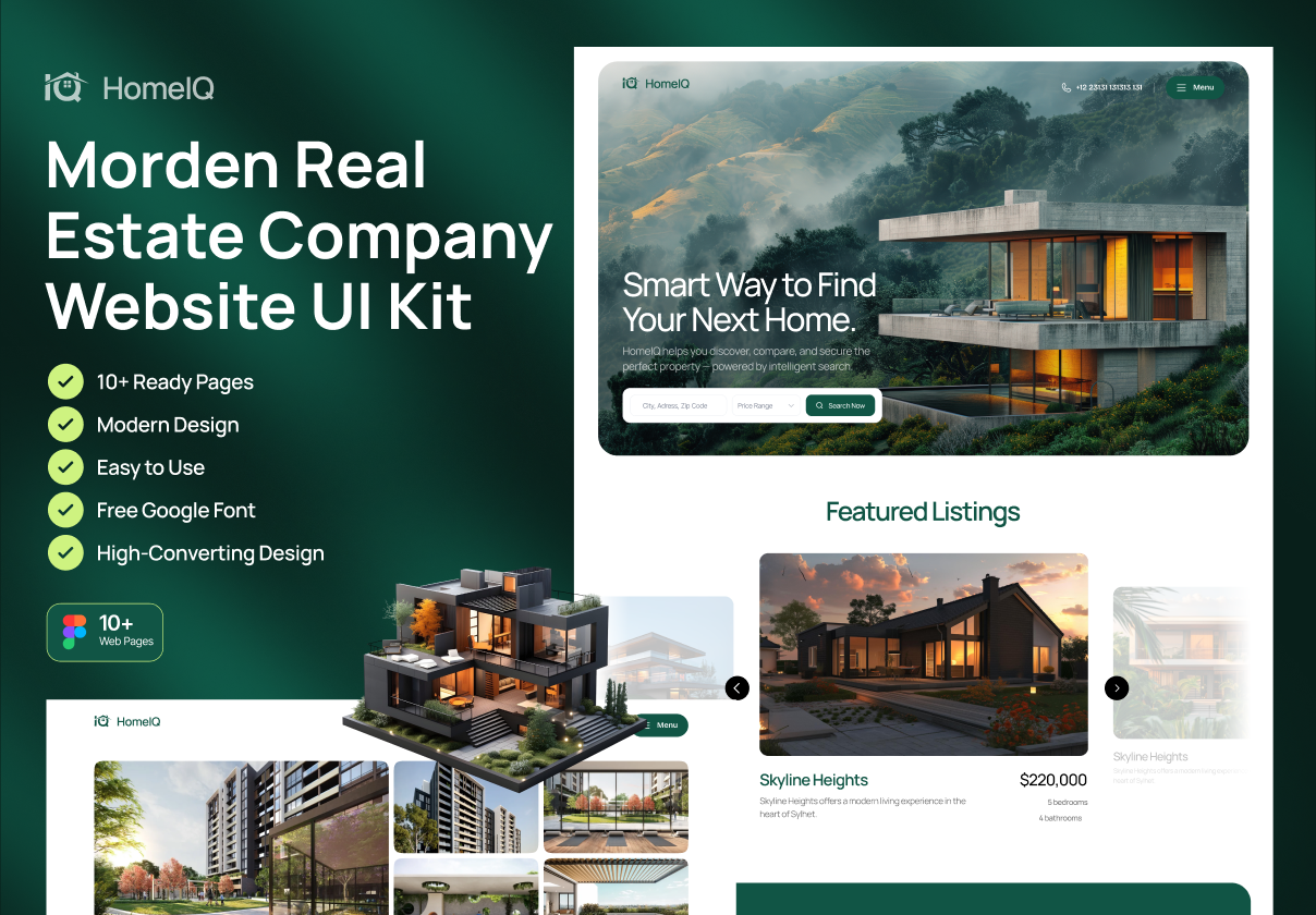 10+屏现代时尚房地产出售租房中介网站用户登录界面UI设计Figma模板套件 HomeIQ – Morden Real Estate Company Website UI Kit