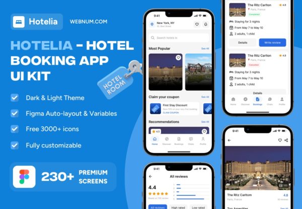 230+屏高级双配色酒店旅馆度假村房屋预定app移动应用程序ui界面设计figma模板 Hotelia – Hotel Booking App UI Kit特色图 230+屏高级双配色酒店旅馆度假村房屋预定app移动应用程序ui界面设计figma模板 Hotelia – Hotel Booking App UI Kit
