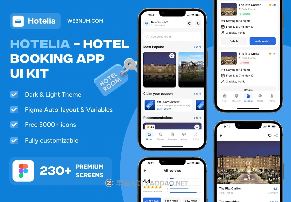 230+屏高级双配色酒店旅馆度假村房屋预定app移动应用程序ui界面设计figma模板 Hotelia – Hotel Booking App UI Kit插图 230+屏高级双配色酒店旅馆度假村房屋预定app移动应用程序ui界面设计figma模板 Hotelia – Hotel Booking App UI Kit插图