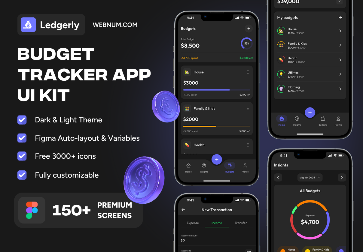 150+屏个人理财财务管理电子钱包移动应用手机程序app ui界面设计figma模板套件 Ledgerly – Budget Tracker App UI Kit