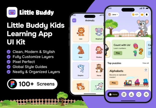 100+屏有趣创意儿童问答游戏教育学习app应用程序ui界面设计figma模板套件 Little Buddy – Kids Learning App UI Kit特色图 100+屏有趣创意儿童问答游戏教育学习app应用程序ui界面设计figma模板套件 Little Buddy – Kids Learning App UI Kit