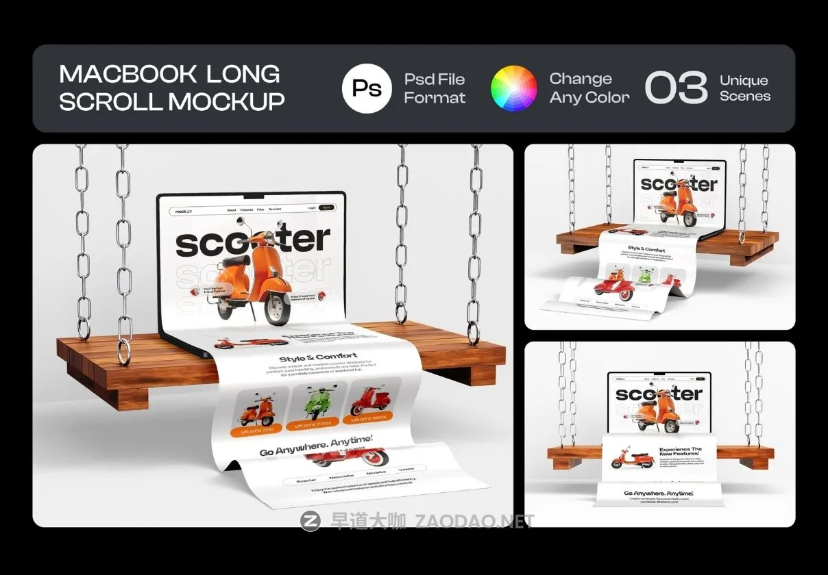 3款长卷多屏网站UI界面广告设计展示效果图ps贴图样机模板素材 Long Scroll Macbook Screen Mockup Set – 03 Unique Scene插图 3款长卷多屏网站UI界面广告设计展示效果图ps贴图样机模板素材 Long Scroll Macbook Screen Mockup Set – 03 Unique Scene插图