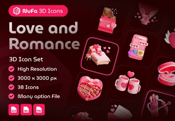 30款浪漫爱情七夕情人节婚礼爱心3d图标icons设计obj/png格式素材 Love and Romance 3D Icon Set