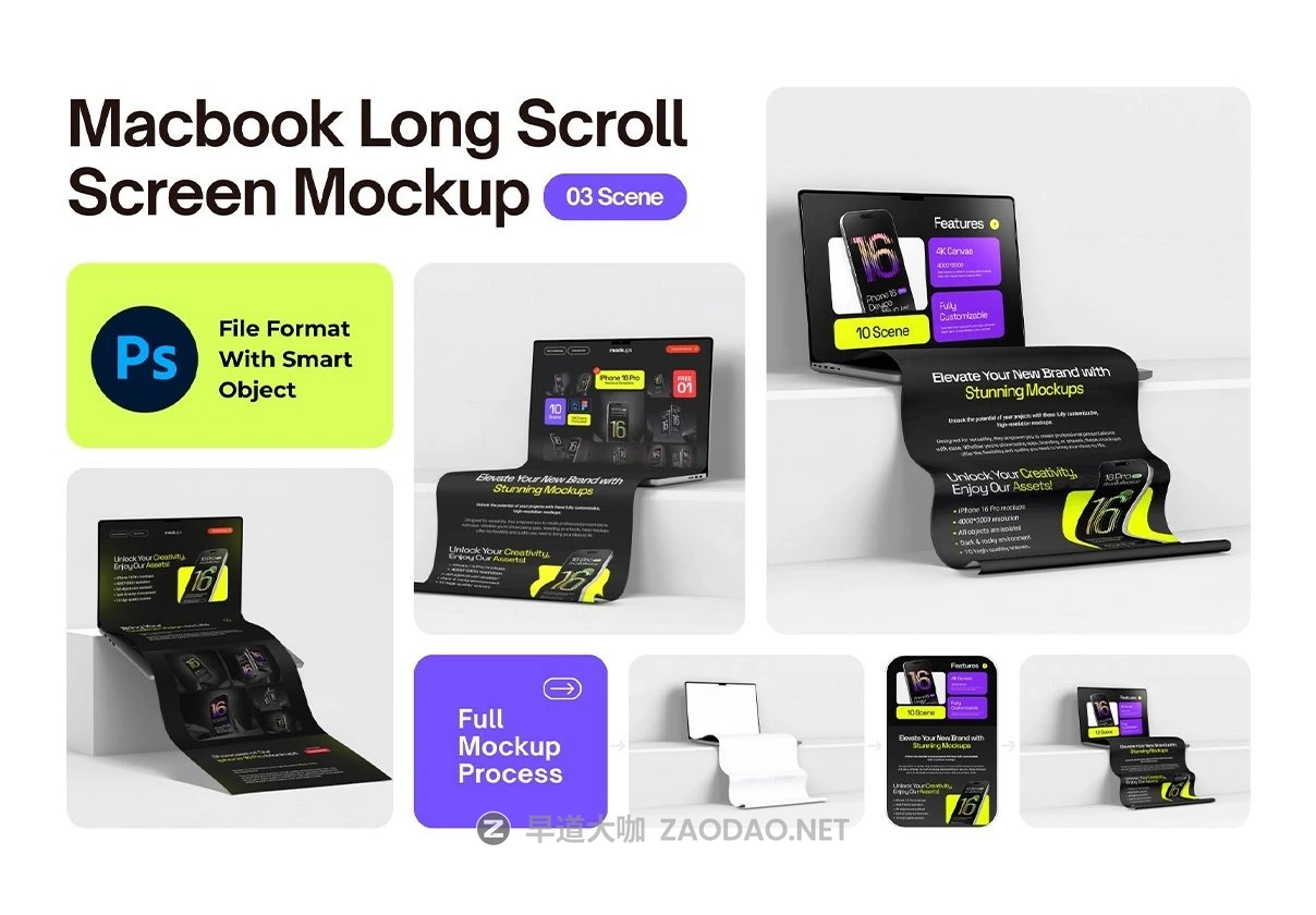 3款长卷轴网站UI界面设计苹果MacBook电脑贴图样机psd模板素材 Macbook Long Scroll Extended Screen Mockup Set – 03 Scene插图 3款长卷轴网站UI界面设计苹果MacBook电脑贴图样机psd模板素材 Macbook Long Scroll Extended Screen Mockup Set – 03 Scene插图