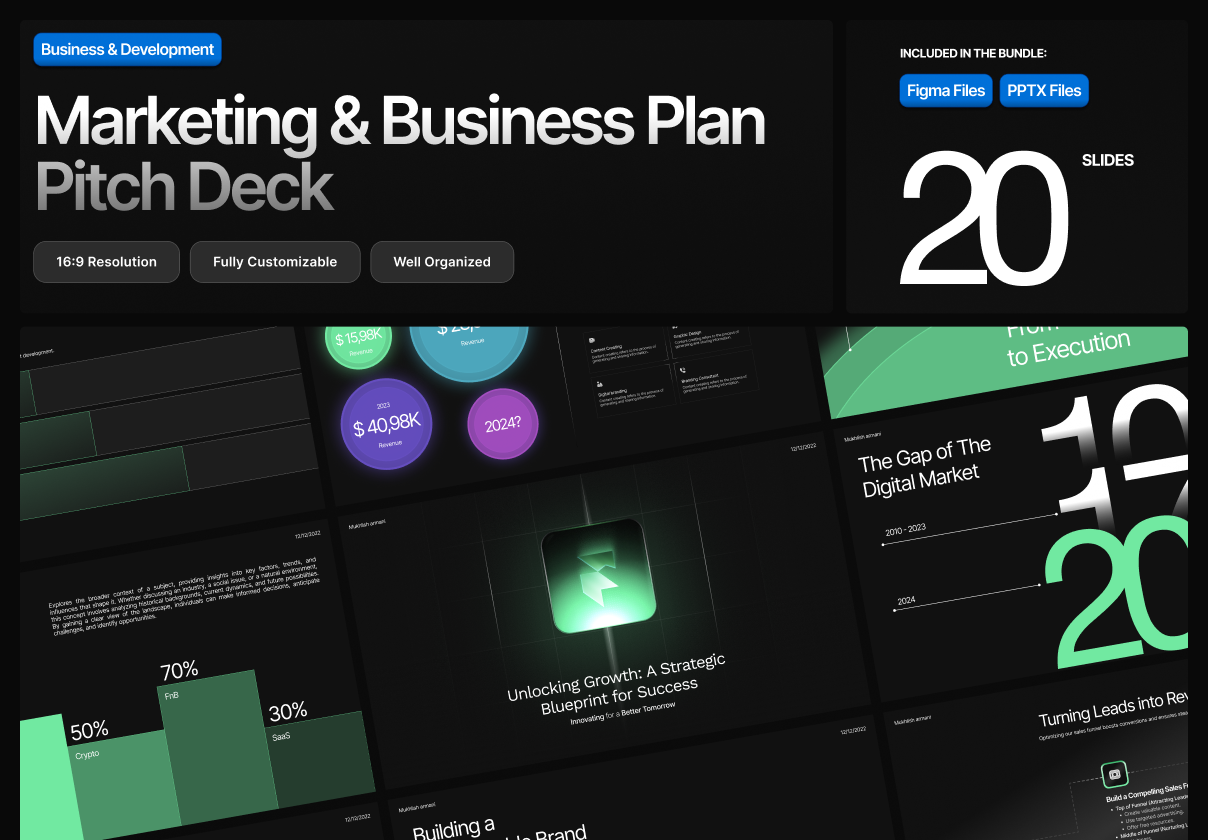 20页黑暗商业战略规划策划提案书年度报表简报幻灯片设计ppt/figma模板 Marketing & Business Plan Pitch Deck特色图 20页黑暗商业战略规划策划提案书年度报表简报幻灯片设计ppt/figma模板 Marketing & Business Plan Pitch Deck