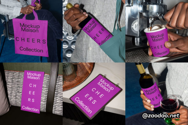 8款小众红酒标签咖啡纸杯帆布袋菜单卡片海报品牌VI设计展示PS贴图样机模板 Mockup.Maison – Cheers Collection P2