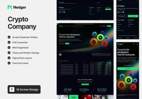 16屏黑暗互联网科技区块链网站用户UI界面设计Figma模板素材 Nedger – Crypto Company Landing Page特色图 16屏黑暗互联网科技区块链网站用户UI界面设计Figma模板素材 Nedger – Crypto Company Landing Page