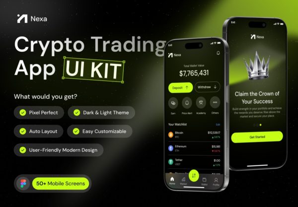 20+屏双配色金融投资理财加密货币交易股票财务管理app应用程序ui界面设计figma模板素材 Nexa – Trading UI Kit by Emura Studio