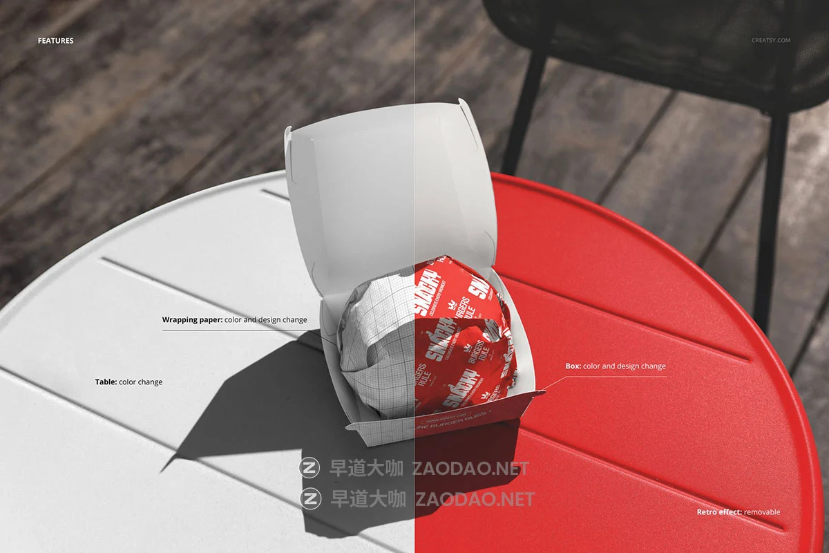 1款逼真快餐汉堡包装纸设计展示效果图ps贴图样机模板素材 Outdoor Table with Wrapped Burger in Box Mockup插图2 1款逼真快餐汉堡包装纸设计展示效果图ps贴图样机模板素材 Outdoor Table with Wrapped Burger in Box Mockup插图2