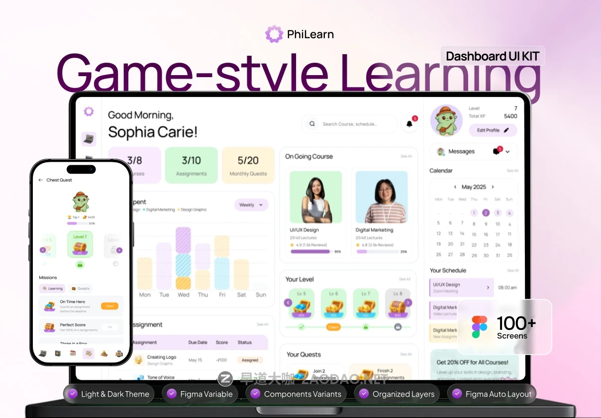100+屏创意有趣游戏风格学习教育课程任务仪表盘UI界面设计Figma模板套件 PhiLearn – Gamified Learning Dashboard UI KIT插图 100+屏创意有趣游戏风格学习教育课程任务仪表盘UI界面设计Figma模板套件 PhiLearn – Gamified Learning Dashboard UI KIT插图
