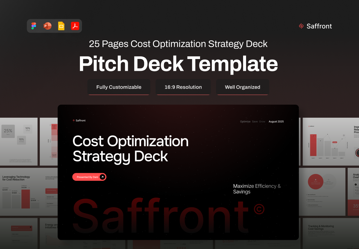 25页极简金融科技项目战略策划书年度简报报表幻灯片设计figma/ppt模板 Pitch Deck Cost Optimization Strategy – Saffront特色图 25页极简金融科技项目战略策划书年度简报报表幻灯片设计figma/ppt模板 Pitch Deck Cost Optimization Strategy – Saffront