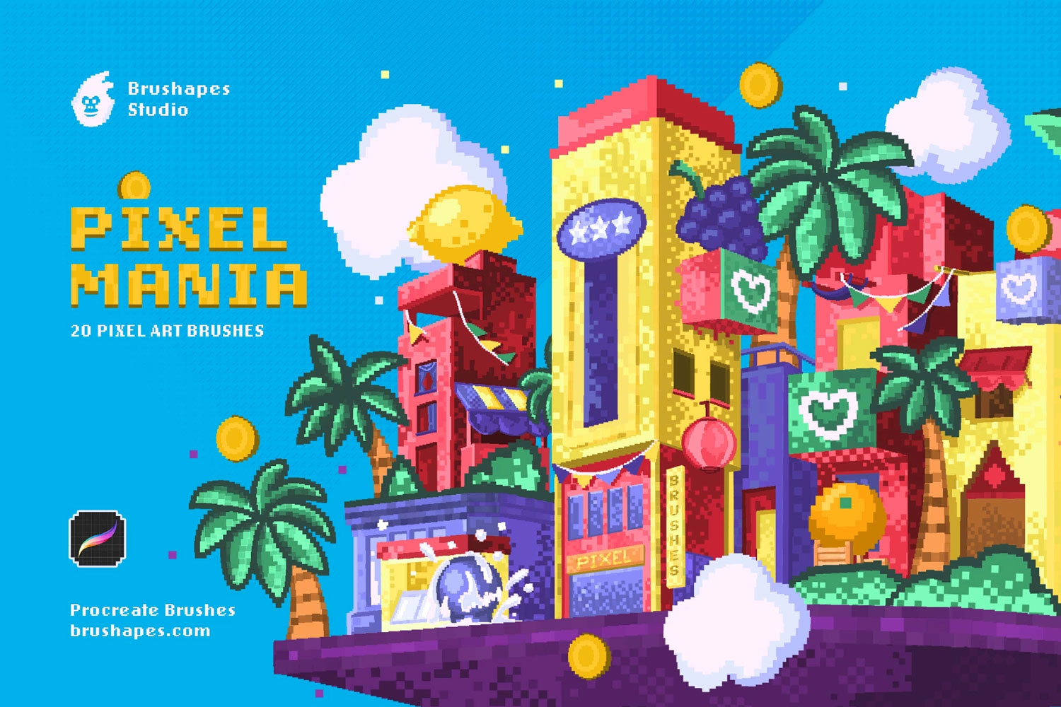 20款复古Y2K蒸汽波美学8位图像素风procreate绘画笔刷画笔素材 Pixel Mania Procreate Brushes