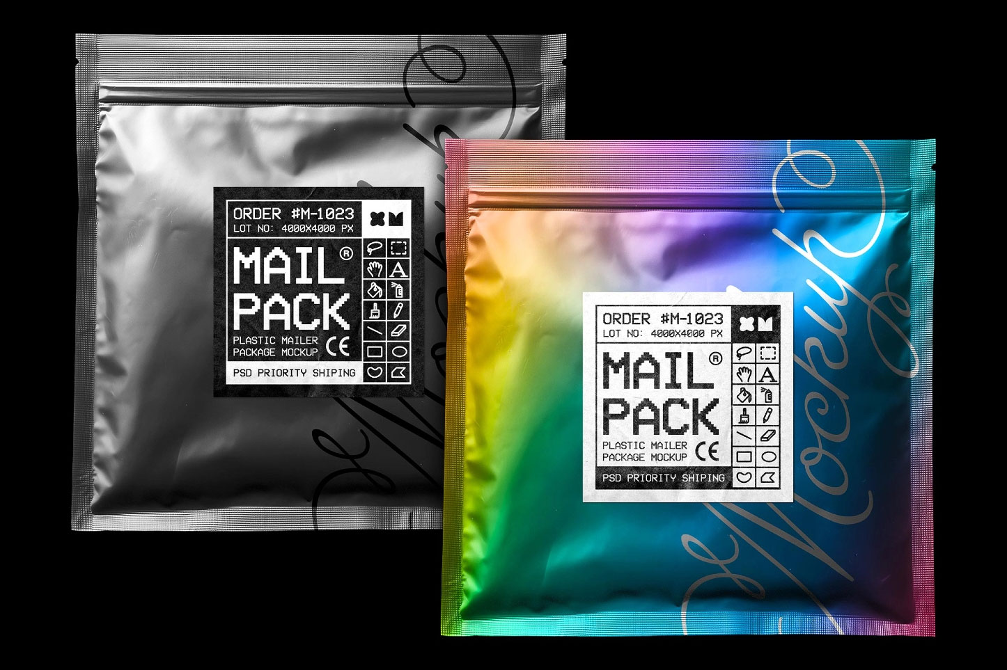 逼真自封塑料铝箔产品包装袋贴纸设计展示pt贴图样机模板 Plastic Mailer Package Mockup