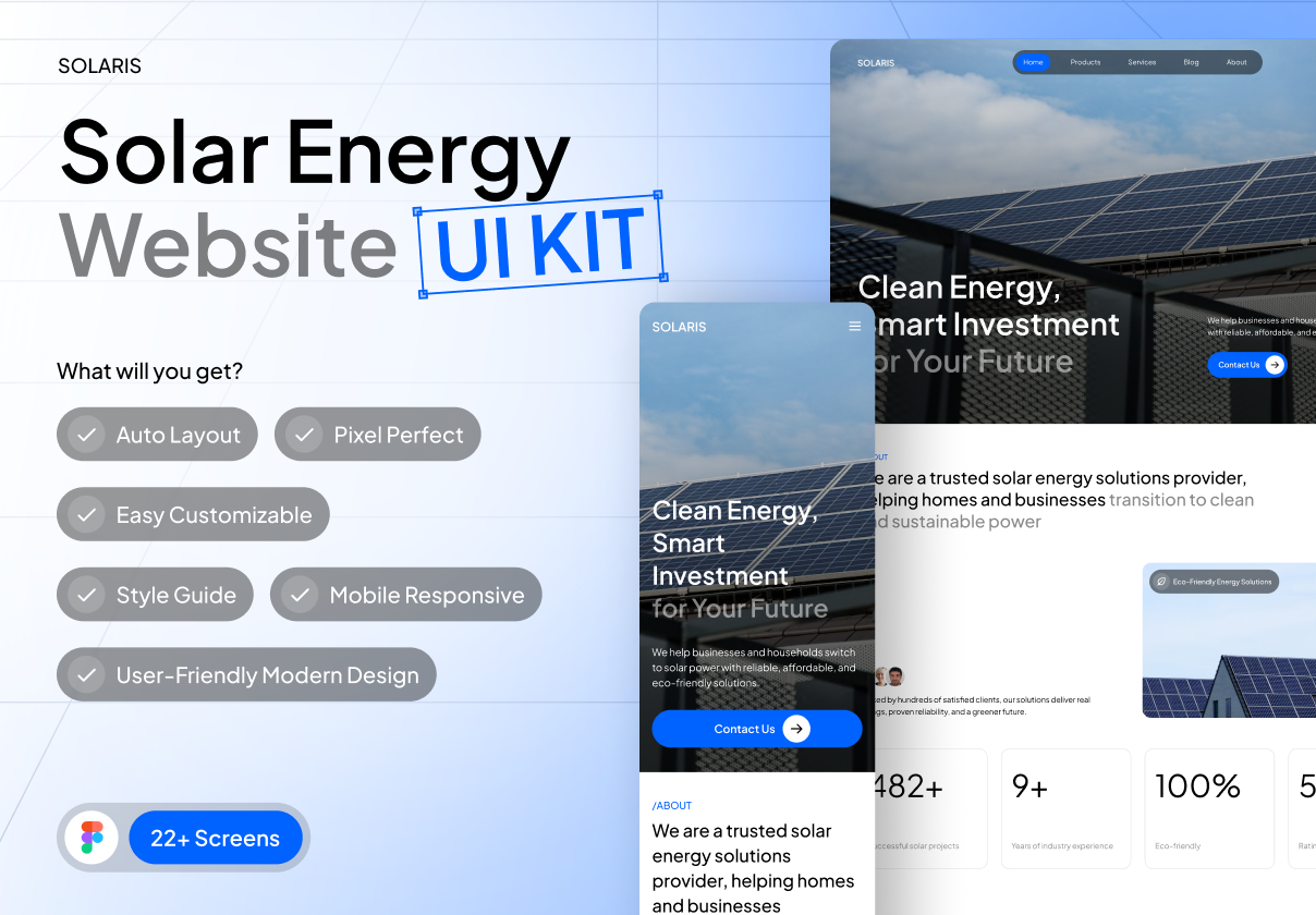 30+屏响应式可再生能源太阳能电池板发电网站界面ui设计figma模板套件 Solaris – Solar Energy Website UI Kit特色图 30+屏响应式可再生能源太阳能电池板发电网站界面ui设计figma模板套件 Solaris – Solar Energy Website UI Kit