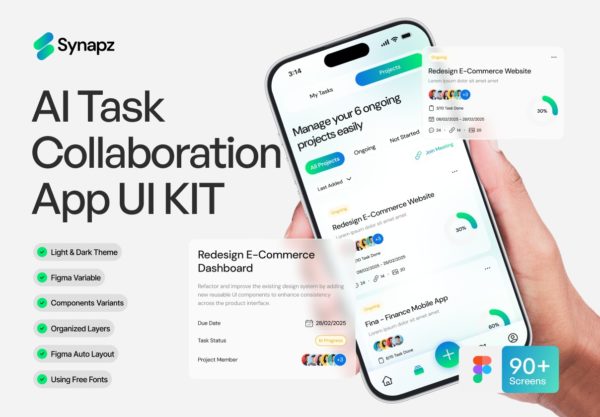 90+屏AI人工智能任务协作聊天机器人app应用程序ui界面设计figma模板 Synapz – AI Task Collaboration App UI KIT特色图 90+屏AI人工智能任务协作聊天机器人app应用程序ui界面设计figma模板 Synapz – AI Task Collaboration App UI KIT