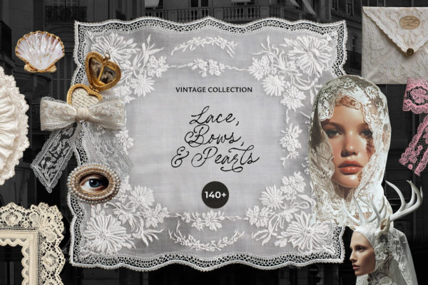 140+款复古优雅蝴蝶结珍珠蕾丝边框纸张信封婚礼拼贴元素png免抠图设计素材 Vintage Lace, Bows & Pearls