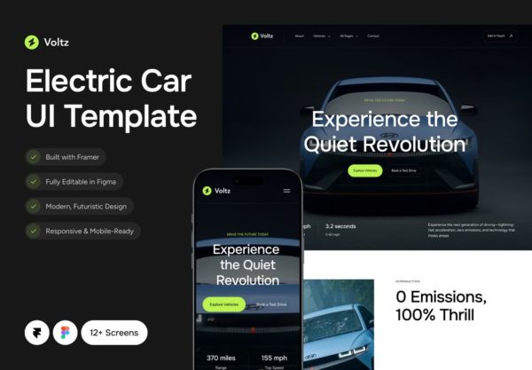 12屏响应式绿色新能源电动汽车网站用户界面UI设计figma/framer模板素材 Voltz – The Electric Car Framer UI Template特色图 12屏响应式绿色新能源电动汽车网站用户界面UI设计figma/framer模板素材 Voltz – The Electric Car Framer UI Template