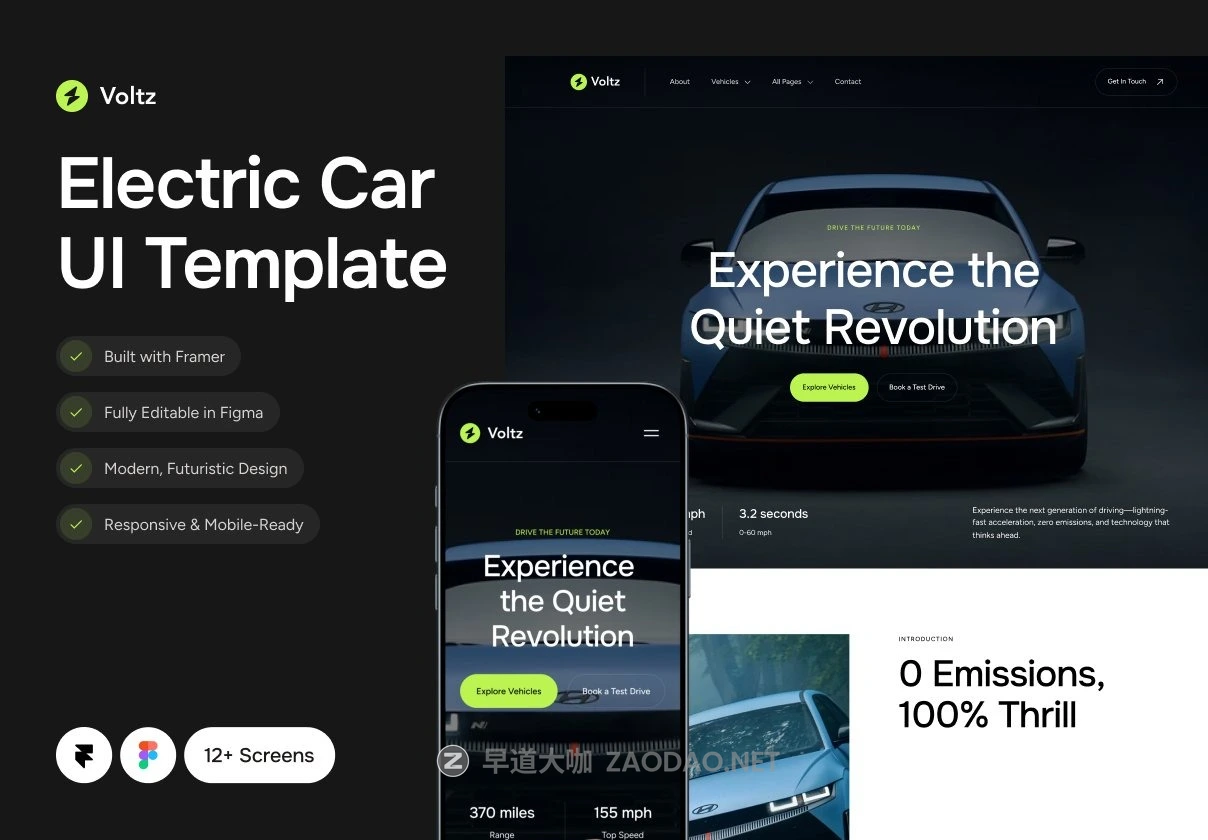 12屏响应式绿色新能源电动汽车网站用户界面UI设计figma/framer模板素材 Voltz – The Electric Car Framer UI Template插图 12屏响应式绿色新能源电动汽车网站用户界面UI设计figma/framer模板素材 Voltz – The Electric Car Framer UI Template插图