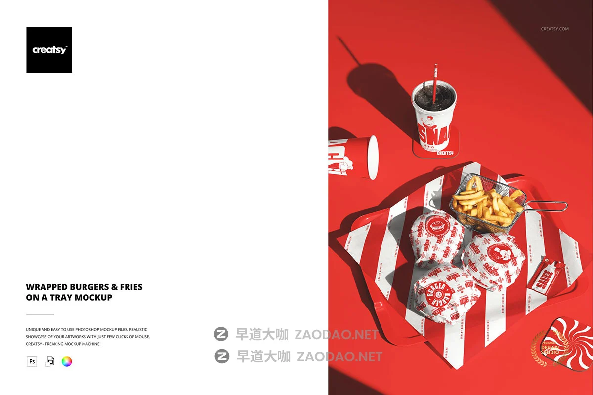 1款时尚汉堡包装纸咖啡可乐杯杯垫vi设计展示效果图psd样机模板 Wrapped Burgers & Fries on a Tray Mockup插图 1款时尚汉堡包装纸咖啡可乐杯杯垫vi设计展示效果图psd样机模板 Wrapped Burgers & Fries on a Tray Mockup插图