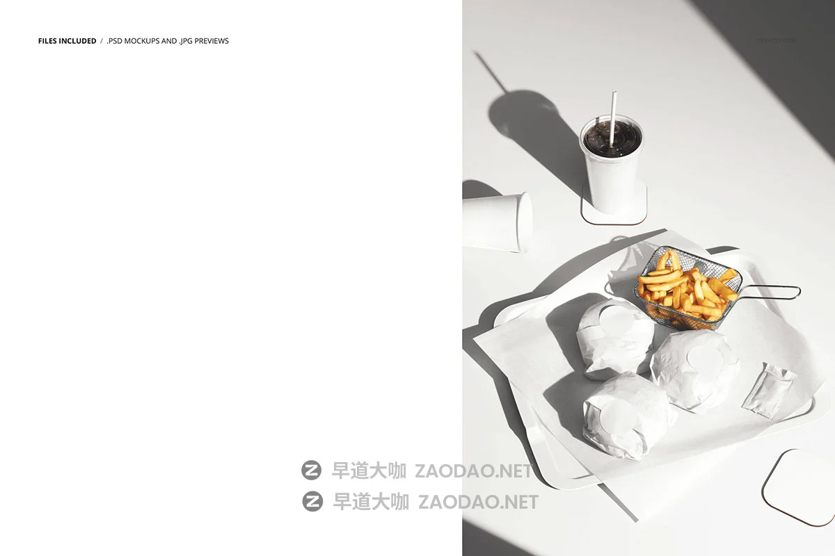 1款时尚汉堡包装纸咖啡可乐杯杯垫vi设计展示效果图psd样机模板 Wrapped Burgers & Fries on a Tray Mockup插图1 1款时尚汉堡包装纸咖啡可乐杯杯垫vi设计展示效果图psd样机模板 Wrapped Burgers & Fries on a Tray Mockup插图1