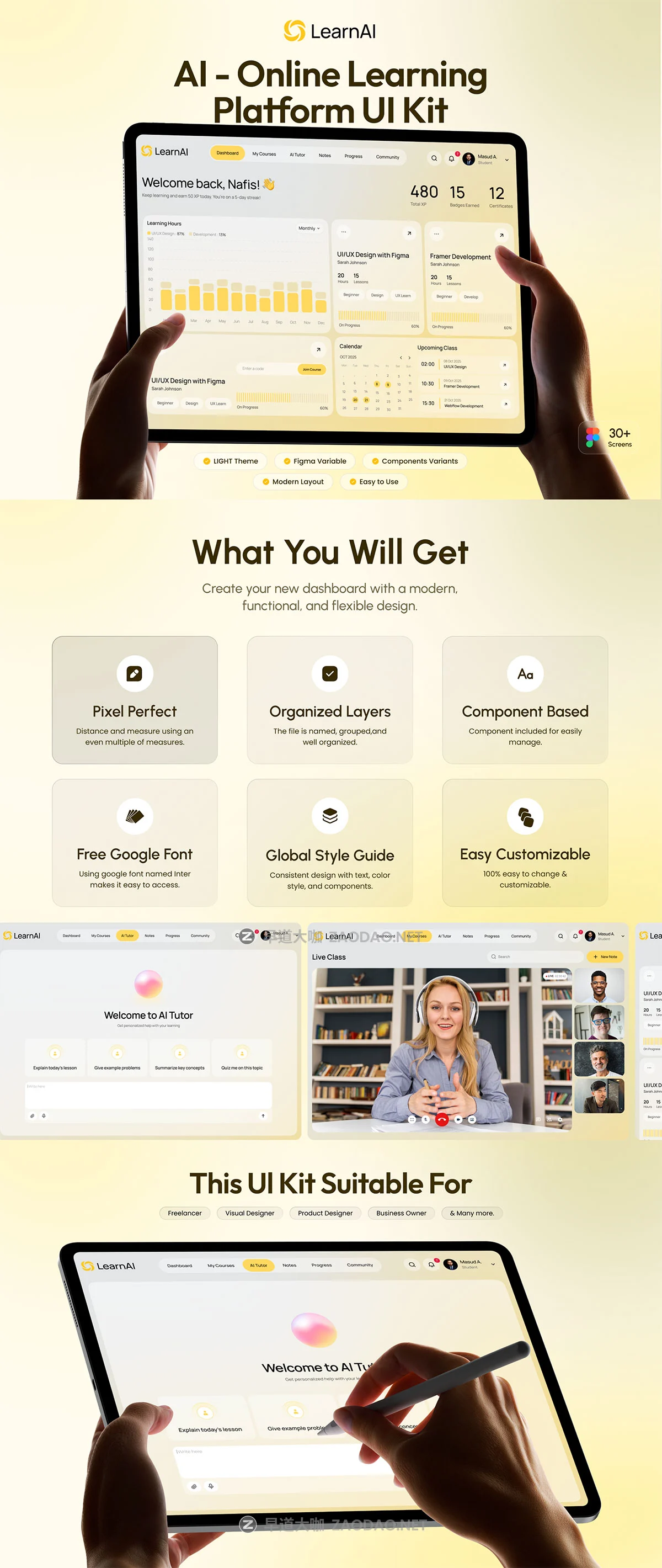 30+屏AI人工智能在线学习数据分析信息统计看板仪表盘UI界面设计Figma模板套件 LearnAI – AI Online Learning Platform UI Kit插图8 30+屏AI人工智能在线学习数据分析信息统计看板仪表盘UI界面设计Figma模板套件 LearnAI – AI Online Learning Platform UI Kit插图8