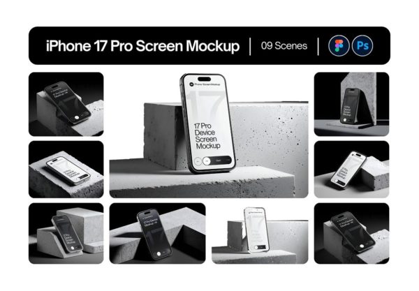 9款混凝土砖块背景手机UI广告设计iPhone 17 Pro展示贴图Psd/Figma样机模板素材 iPhone 17 Pro Device Screen Mockup on Concrete Blocks Set – 09 Mockup Scene
