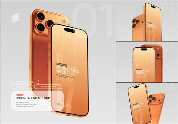 4款橙色手机ui广告app界面设计苹果iPhone 17 Pro展示贴图psd样机模板 iPhone 17 Pro Mockup PSD – Orange Color