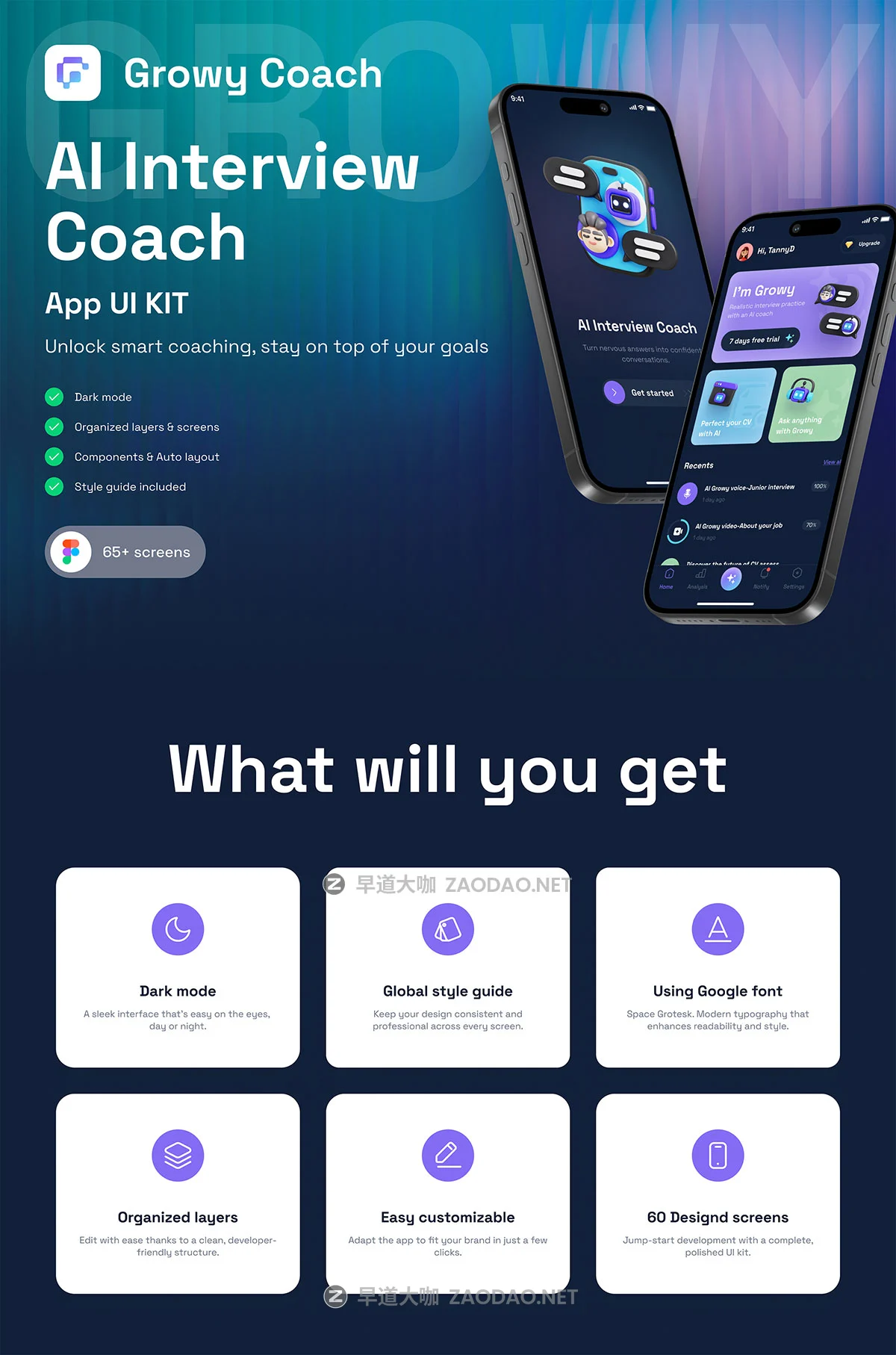 65+屏深色系AI人工智能应聘面试求职辅助工具app ui界面设计figma模板套件 Growy-AI Interview Coach UI Kits插图8 65+屏深色系AI人工智能应聘面试求职辅助工具app ui界面设计figma模板套件 Growy-AI Interview Coach UI Kits插图8