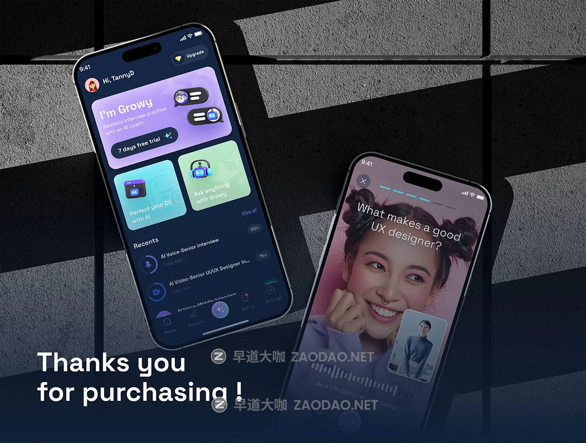 65+屏深色系AI人工智能应聘面试求职辅助工具app ui界面设计figma模板套件 Growy-AI Interview Coach UI Kits插图9 65+屏深色系AI人工智能应聘面试求职辅助工具app ui界面设计figma模板套件 Growy-AI Interview Coach UI Kits插图9