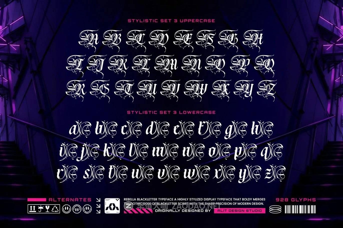 时尚前卫哥特式赛博朋克品牌海报游戏标题设计装饰英文字体 Rebella Typeface插图7 时尚前卫哥特式赛博朋克品牌海报游戏标题设计装饰英文字体 Rebella Typeface插图7